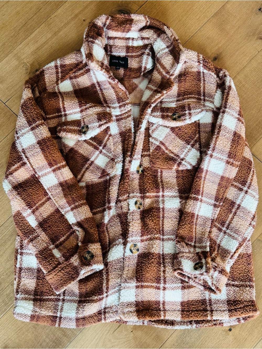 Love Tree woman's ' Brown Plaid Sherpa Jacket